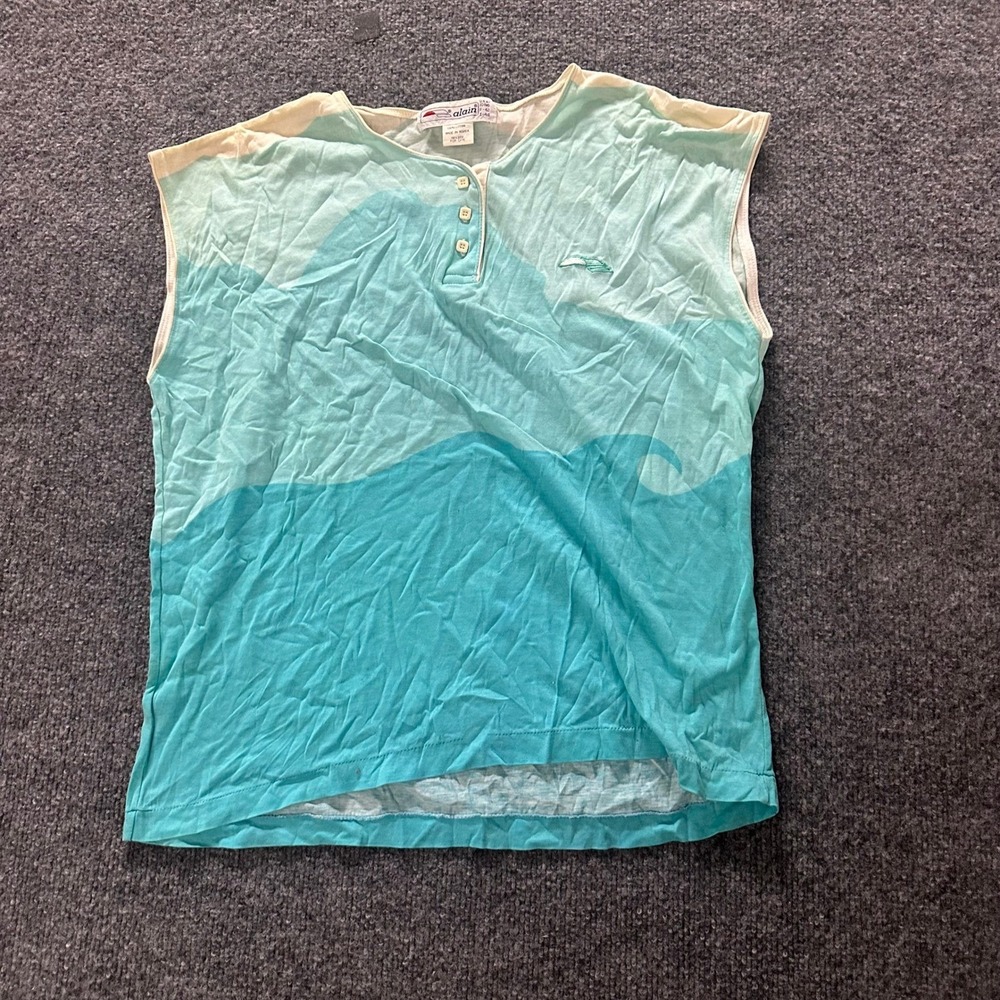 Alain Tank Top Womens Size Medium Teal Blue Wave Pattern Cotton Henley